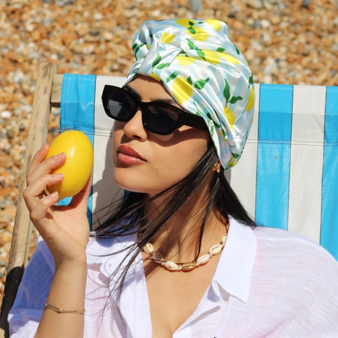 Satin Sleep Turban, Lemon Stripe - Image 3