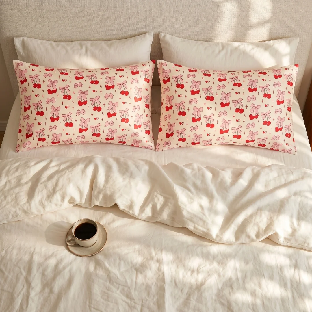 Soft Satin Pillowcase Set, Cherry Bows - Image 4